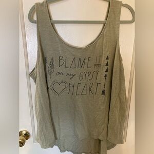 Torrid, sage green, graphic tank top, size 3 “Blame It On My Gypsy Heart”